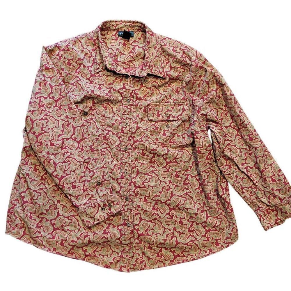 Vintage 90s Ralph Lauren Shirt Women's 2X Red Paisley Floral Print Snap Collar